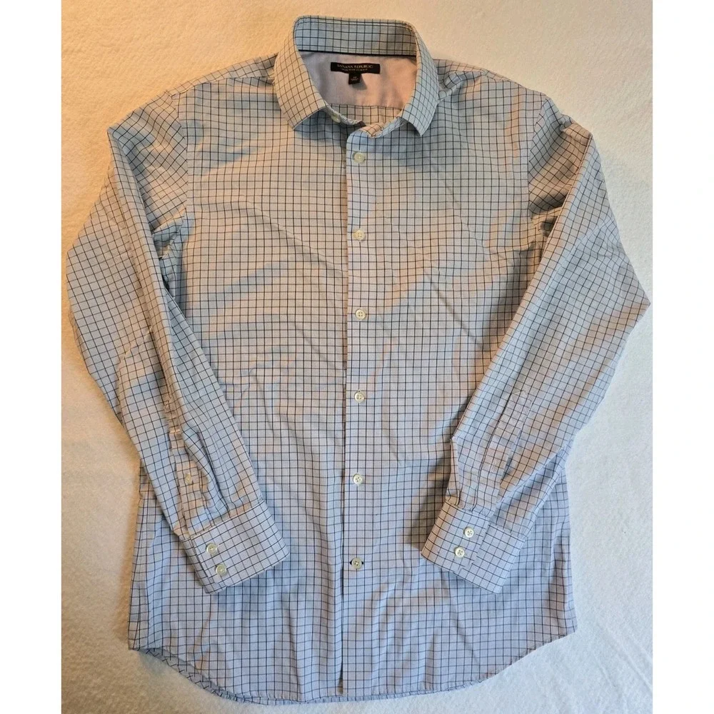 Banana Republic Mens Medium Blue Plaid Button Front Shirt Non-Iron Slim Fit